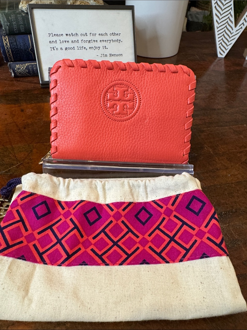 Tory Burch Coral Pebbled Leather Whipstitch Wallet - Picture 1 of 8